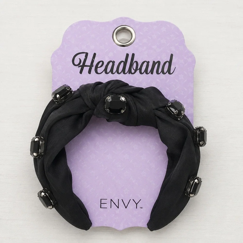 Knotted Headband Black Satin Faux Black Rhinestones